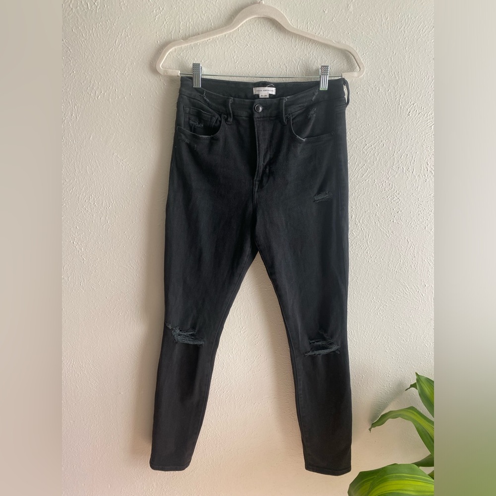 Good American Skinny Ripped knee Jeans women's size 8 Black Rare high rise